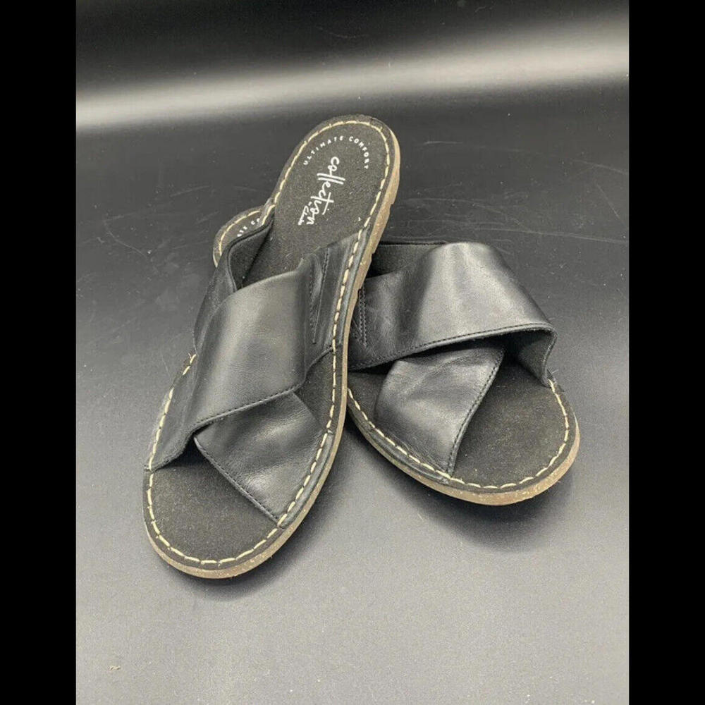 Clarks Collection Black Leather Flat Slip On Sandals  Womens Size 7.5 Comfort
